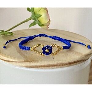 Handmade Blue Macrame Bracelet Gold Beads Flower Adjustable Boho Jewelry Gift
